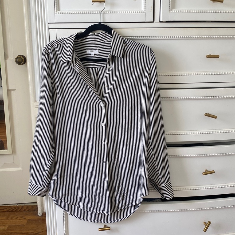 Silk Striped Black and White Equipment Button up Shirt Blouse Top Pinstriped
